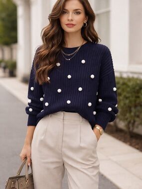 Europom Republican Navy Chunky Ribbed Sweater w/ White Pom-Poms – Size M